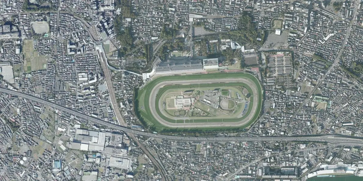 東京競馬場を真上から写した航空写真。楕円のコースの北側にスタンドがあります