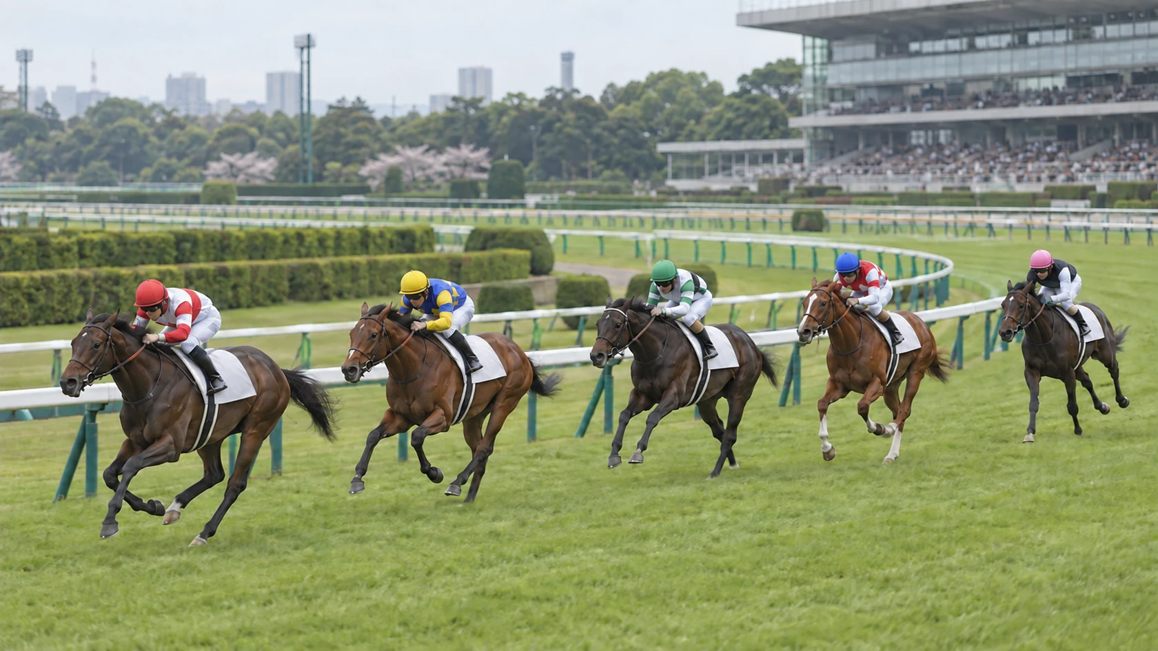 日本の中央競馬場の芝コースを走るレースイメージ